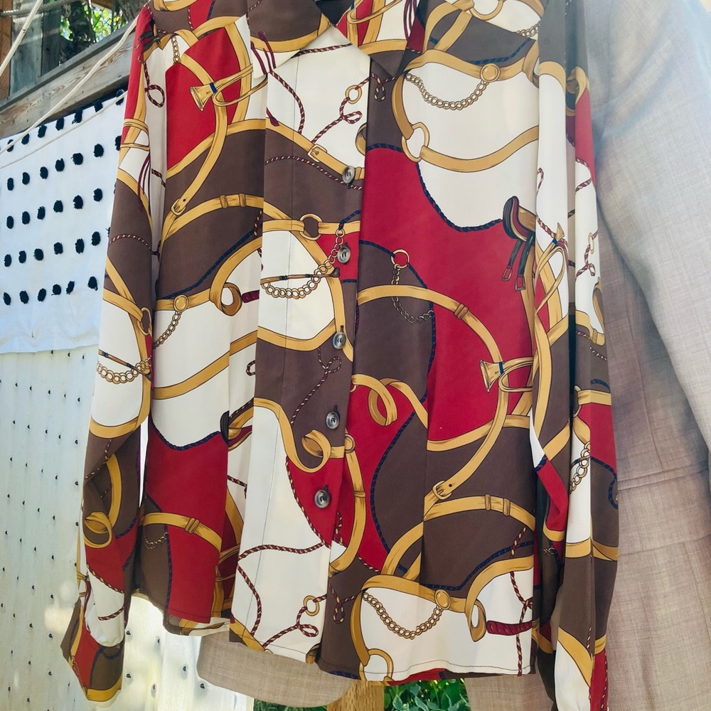 Vintage Women’s JH Collectibles Red, Gold, Brown Equestrian Theme Pattern Blouse